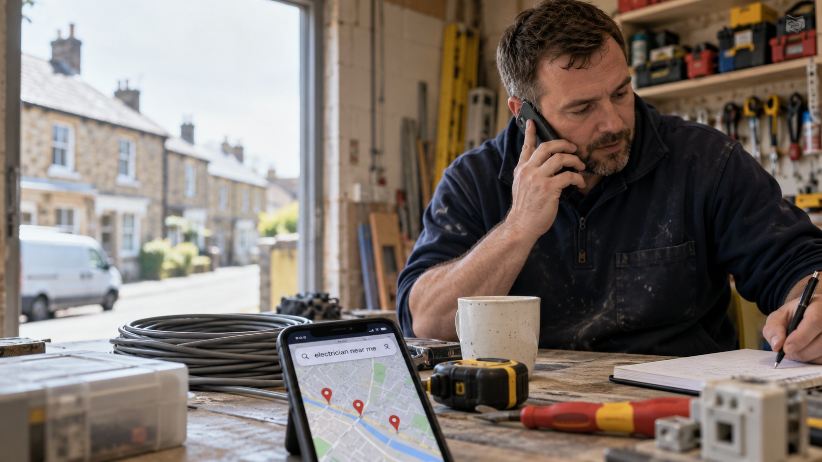 An electrician on the phone to a customer in his workshop, a tape measure and tools on the bench, a phone showing a local map search propped nearby